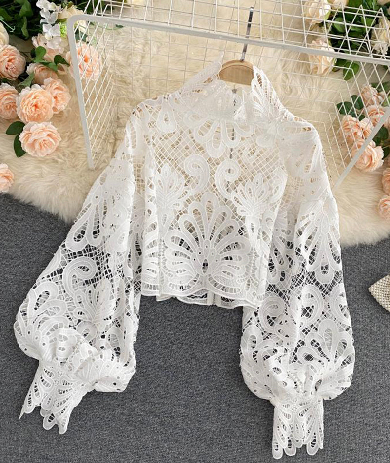 Stylish Hollow Lace Top Puff Sleeve Top     S4386