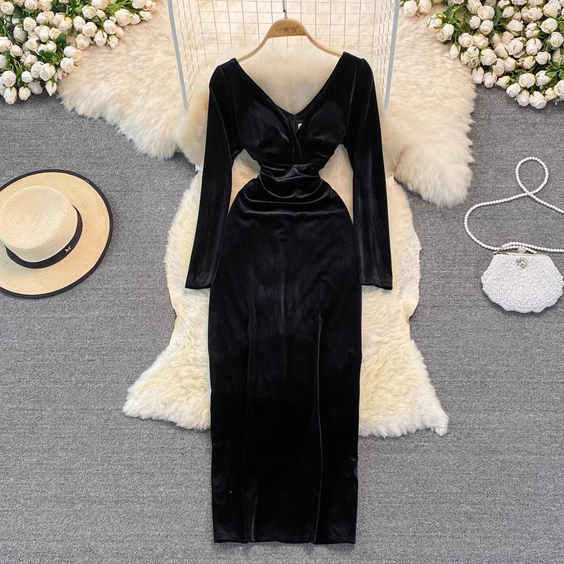 Fashionable sexy long-sleeved dress long skirt velvet V-neck dress    S3964