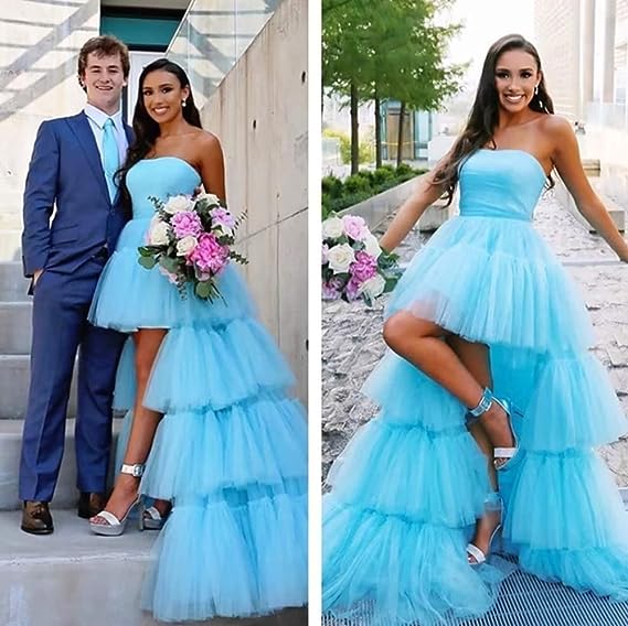 Blue tulle high low prom dress blue tulle evening dress      S3251