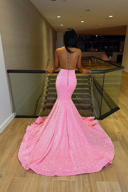 Pink Sequins V-Neck Beading Mermaid Prom Dress          S3746