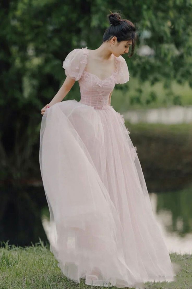 Pink tulle long A line prom dress evening dress     S2552