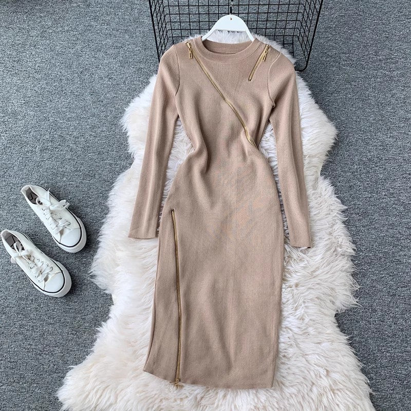 design knitted skirt round neck long sleeves irregular zipper solid color dress for women      S4237