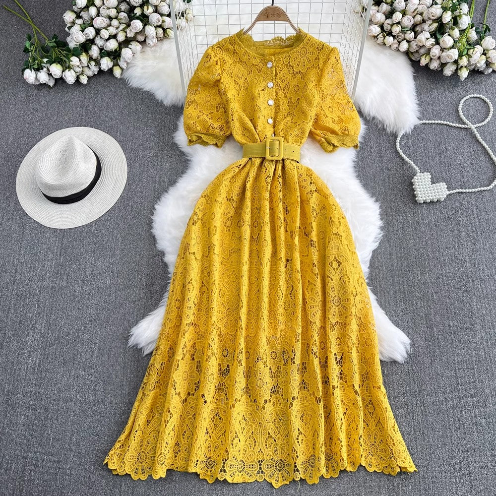 puff sleeves round neck A-line lace dress elegant long skirt      S4262