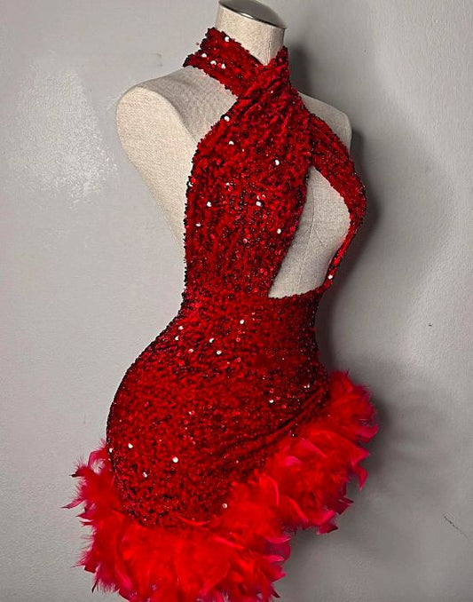 Red Feathers Sequin Prom Dresses Halter Homecoming Dress African Criss Cross Party Gown Mermaid Mini Cocktail Gowns      S2838