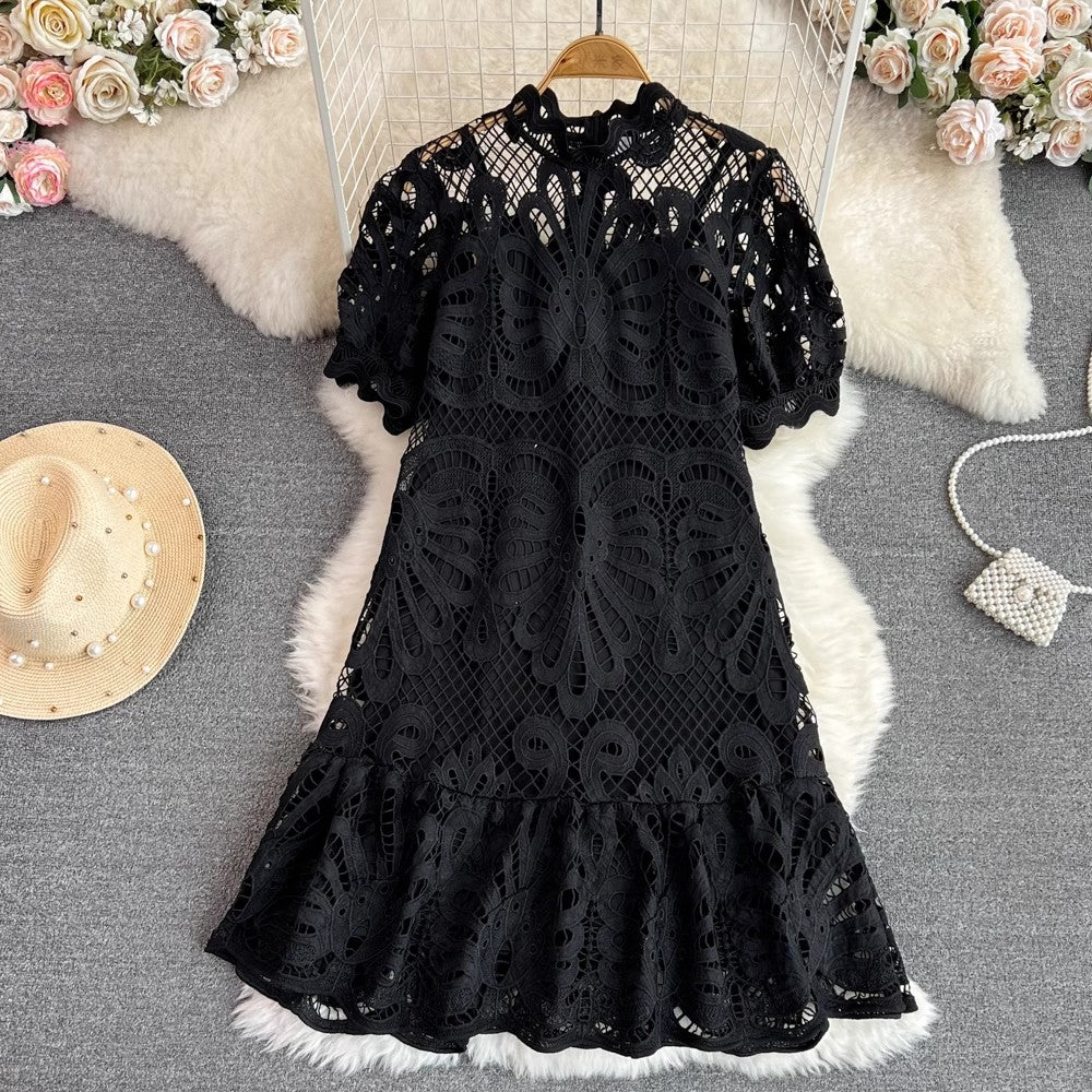 lantern sleeves A-line lace dress      S4175