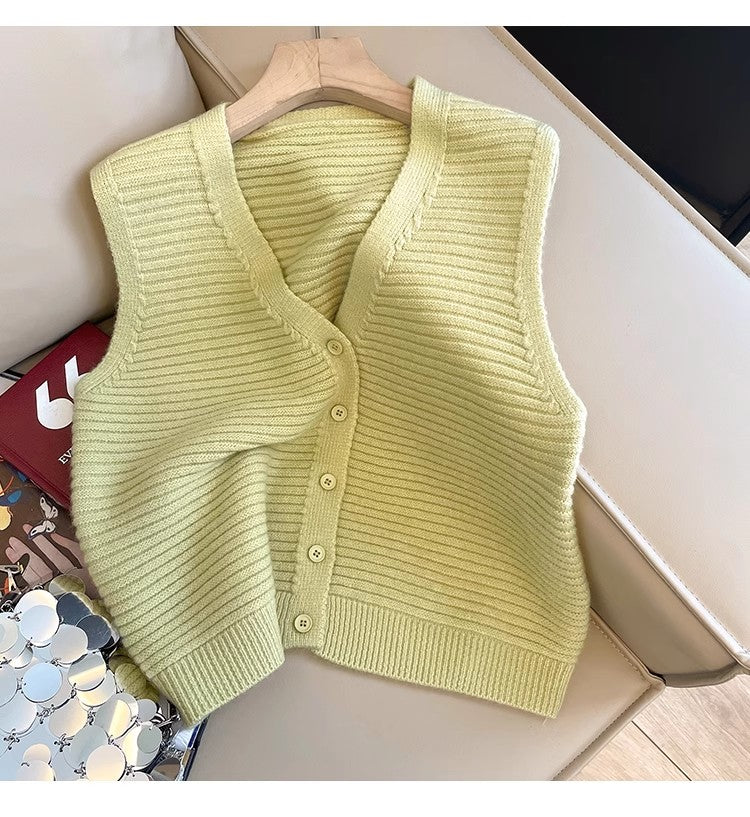 Solid color retro V-neck sleeveless knitted vest for women sleeveless top     S5022