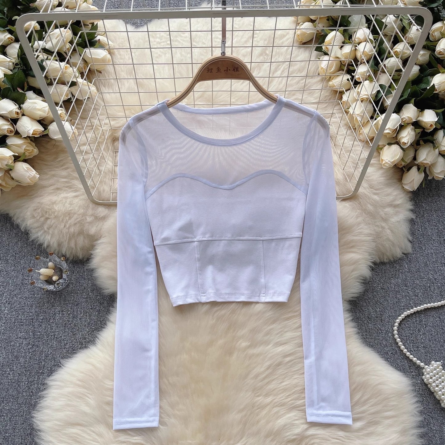 long-sleeved T-shirt for women mesh short design top trendy    S4535