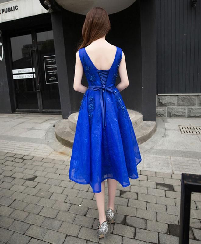 Royal blue lace A line short prom dress,evening dress    S3338