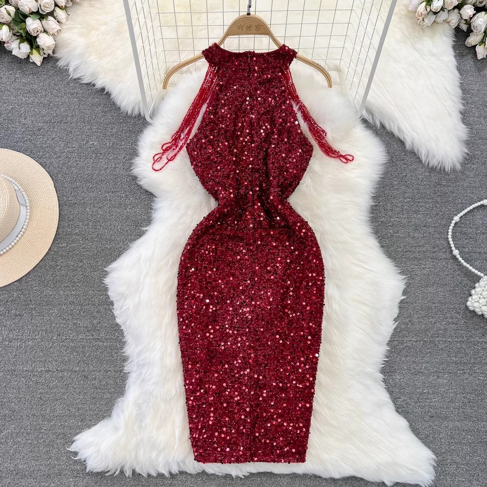 halter neck mid-length sparkling sequin dress for women     S4316