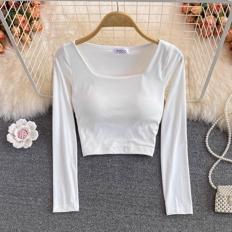 square collar t-shirt with chest pad for women short shirt top long sleeves      S3986