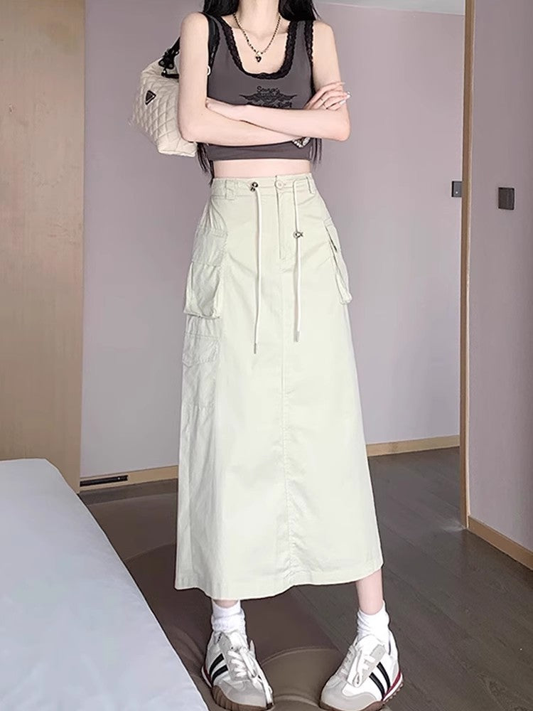 workwear skirt for women summer new mid-length high-waist drawstring a-line long skirt    S3416