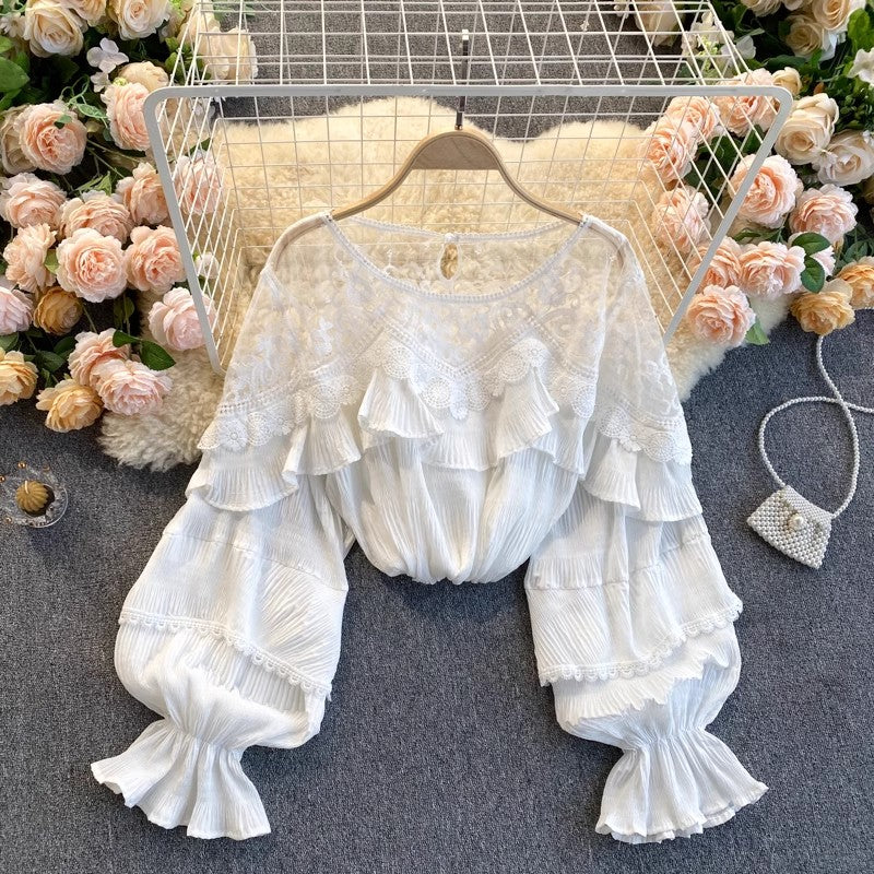 French gentle style top for women see-through ruffled puff sleeve chiffon top     S4621