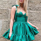 Hunter Green A-line Ruffle Bow Tie Shoulder Homecoming Dress    S2628