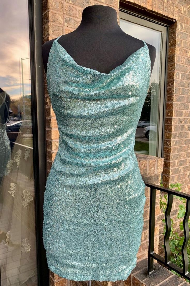 Cowl Neck Tiffany Blue Sequined Homecoming Dress       S3664