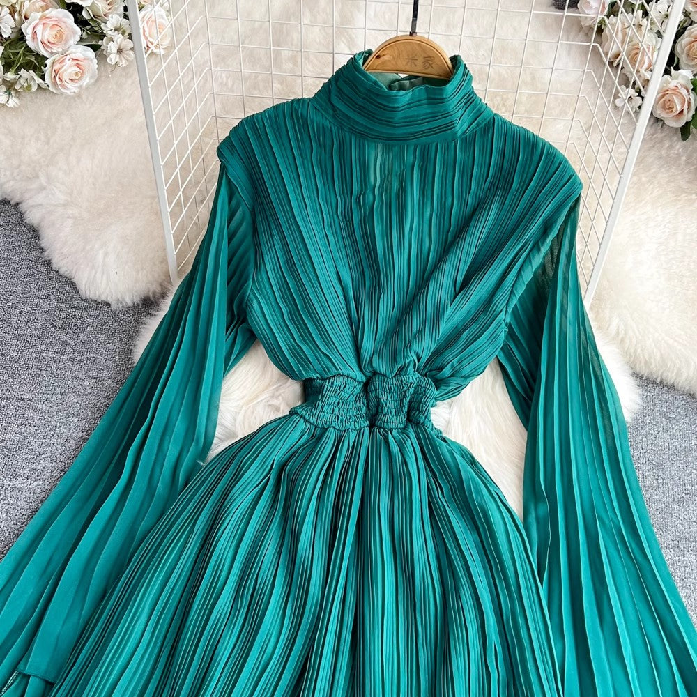 long-sleeved A-line chiffon pleated dress     S4050