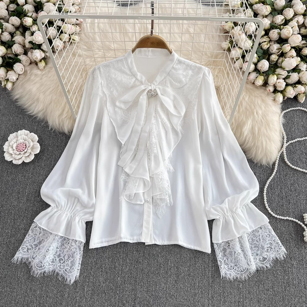 Lace Bell Sleeves Bow Tie Shirt Women's Fashionable Top     S4088