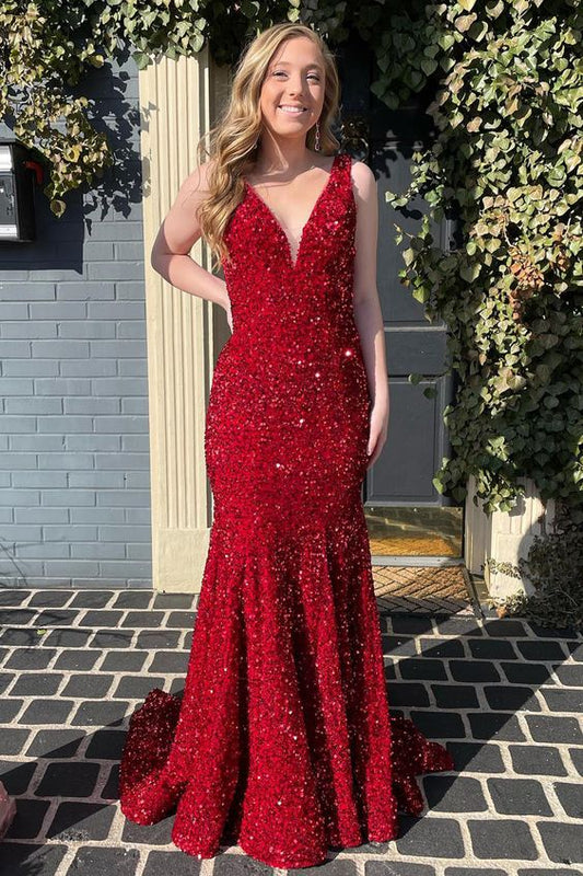 Mermaid Deep V Neck Red Sequins Long Prom Dress    S3647