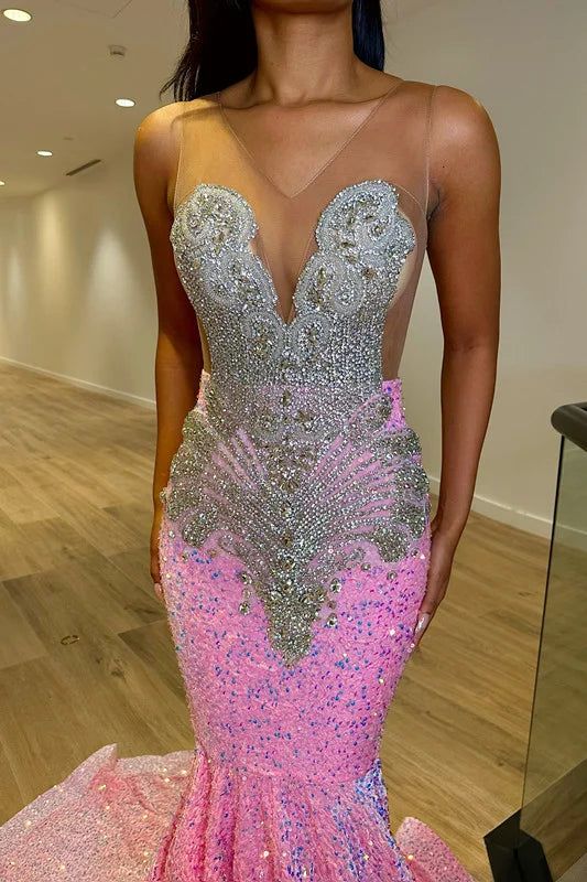 Pink Sequins V-Neck Beading Mermaid Prom Dress          S3746