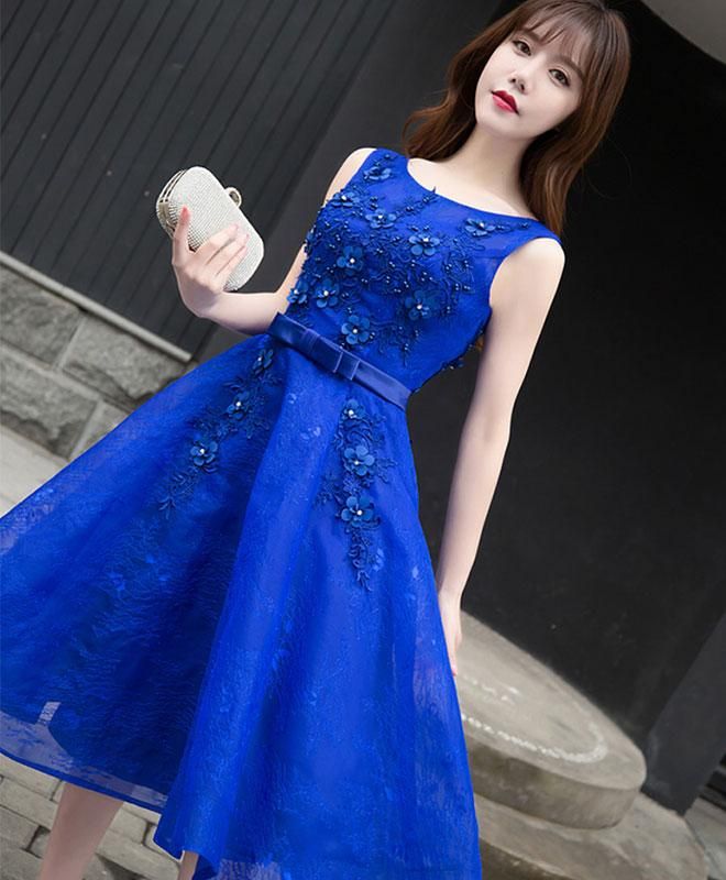 Royal blue lace A line short prom dress,evening dress    S3338