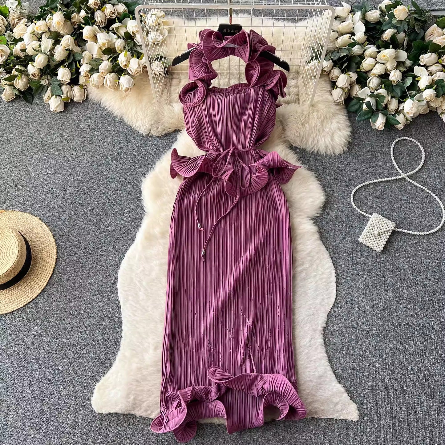 halter neck suspender dress women's pleated holiday dress banquet dress     S4625