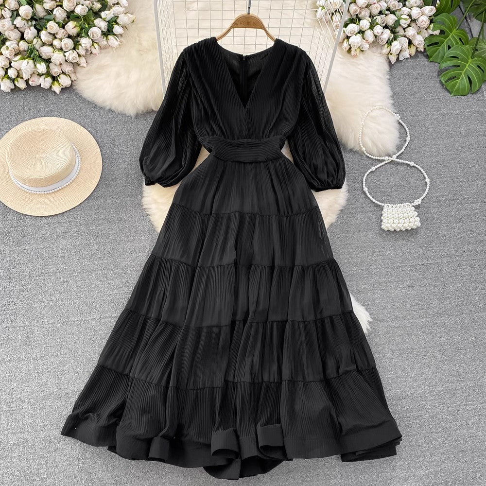 Puff short-sleeved V-neck A-line chiffon dress Elegant long skirt      S4285