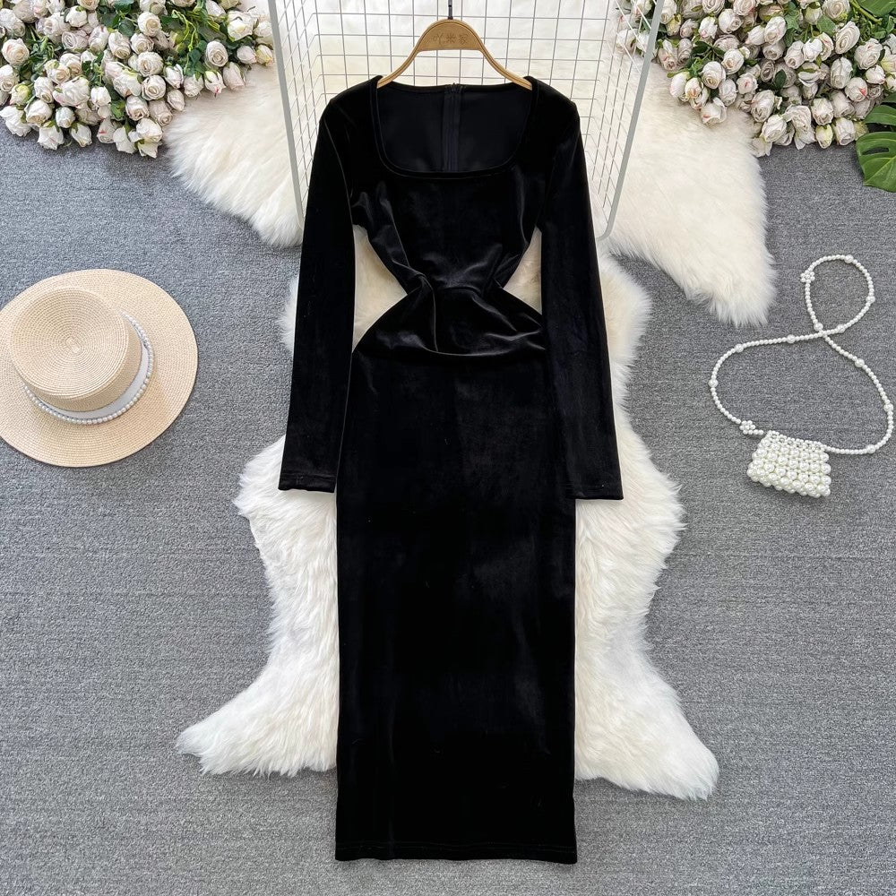 long-sleeved square neck mid-length velvet dress for women     S4265