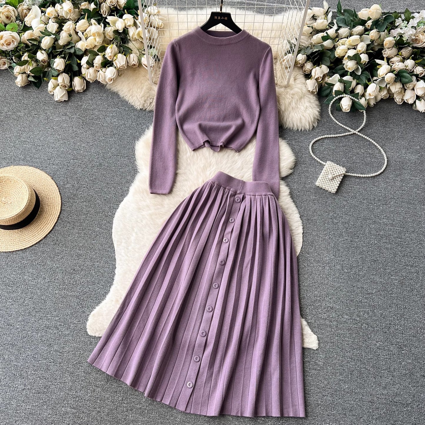 knitted fashion suit for women round neck T-shirt + pleated skirt   S4580