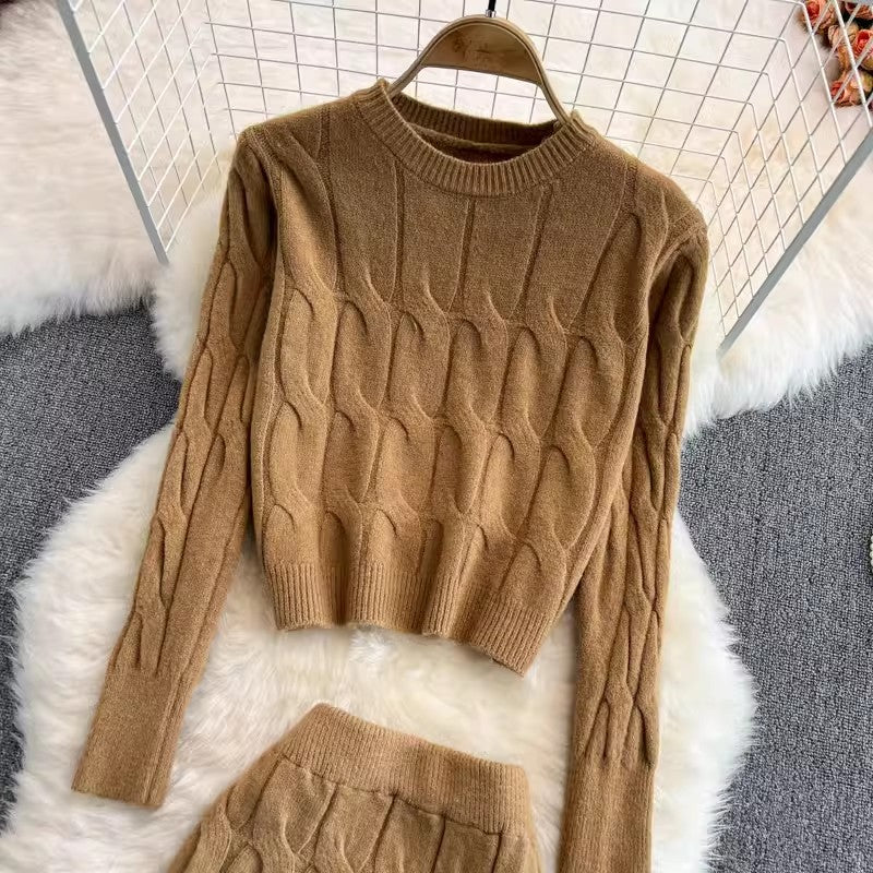 Knitted fashion suit for women round neck long-sleeved sweater two-piece set      S4118