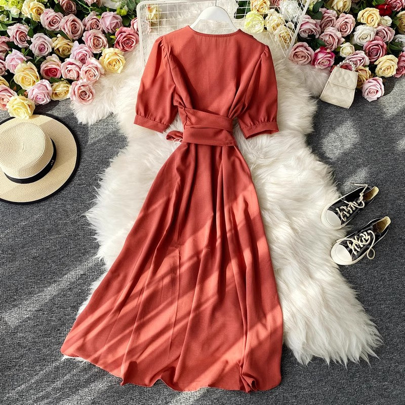 knee-length skirt V-neck dress        S4202