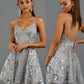 Sparkly Silver Grey Sequin A-line Spaghetti Strap Short Homecoming Dresses      S3228