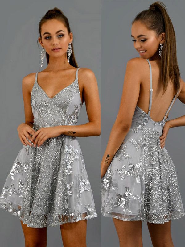 Sparkly Silver Grey Sequin A-line Spaghetti Strap Short Homecoming Dresses      S3228