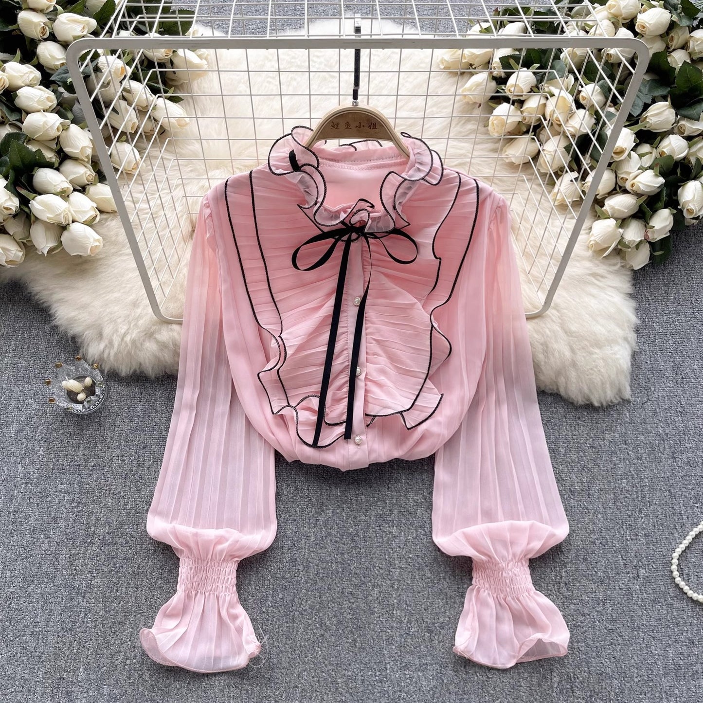 Chiffon shirt new women's long-sleeved tops pleated bell-sleeved shirt for women   S4635