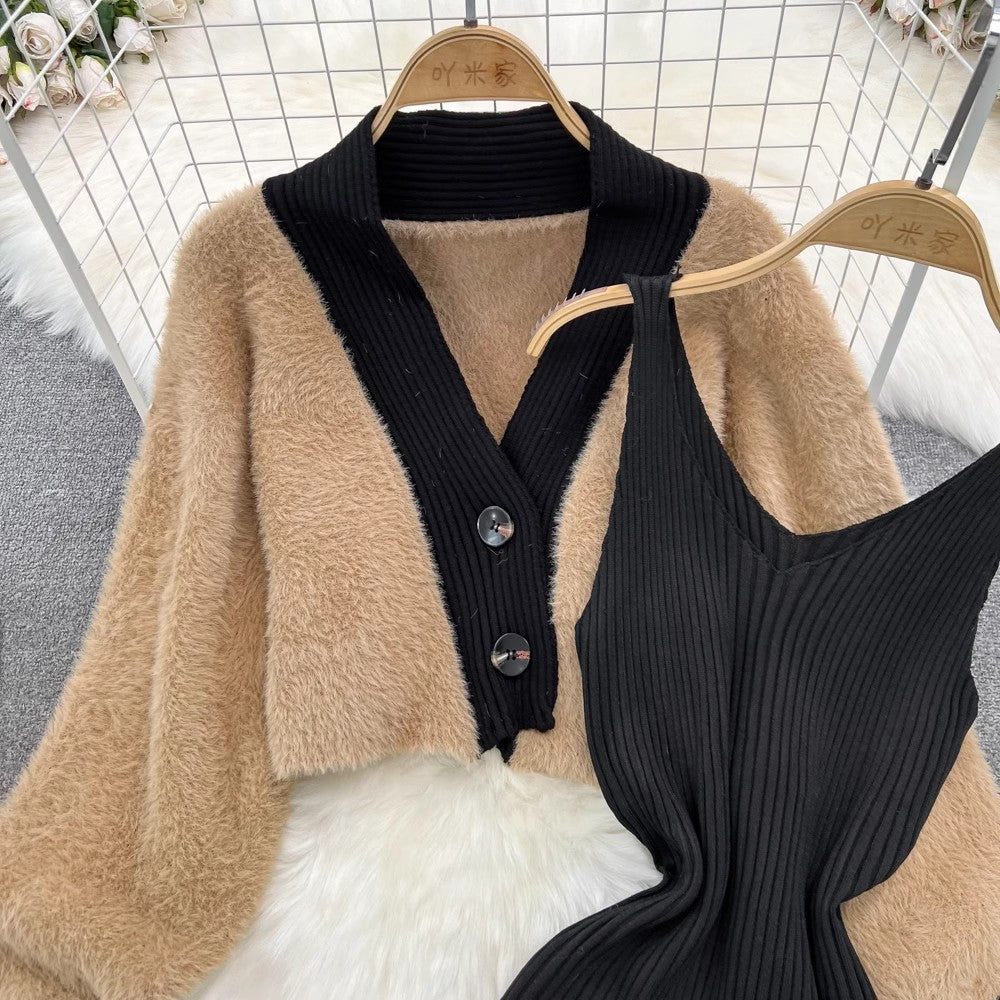 long-sleeved V-neck sweater short coat two-piece set V-neck knitted for women     S4018