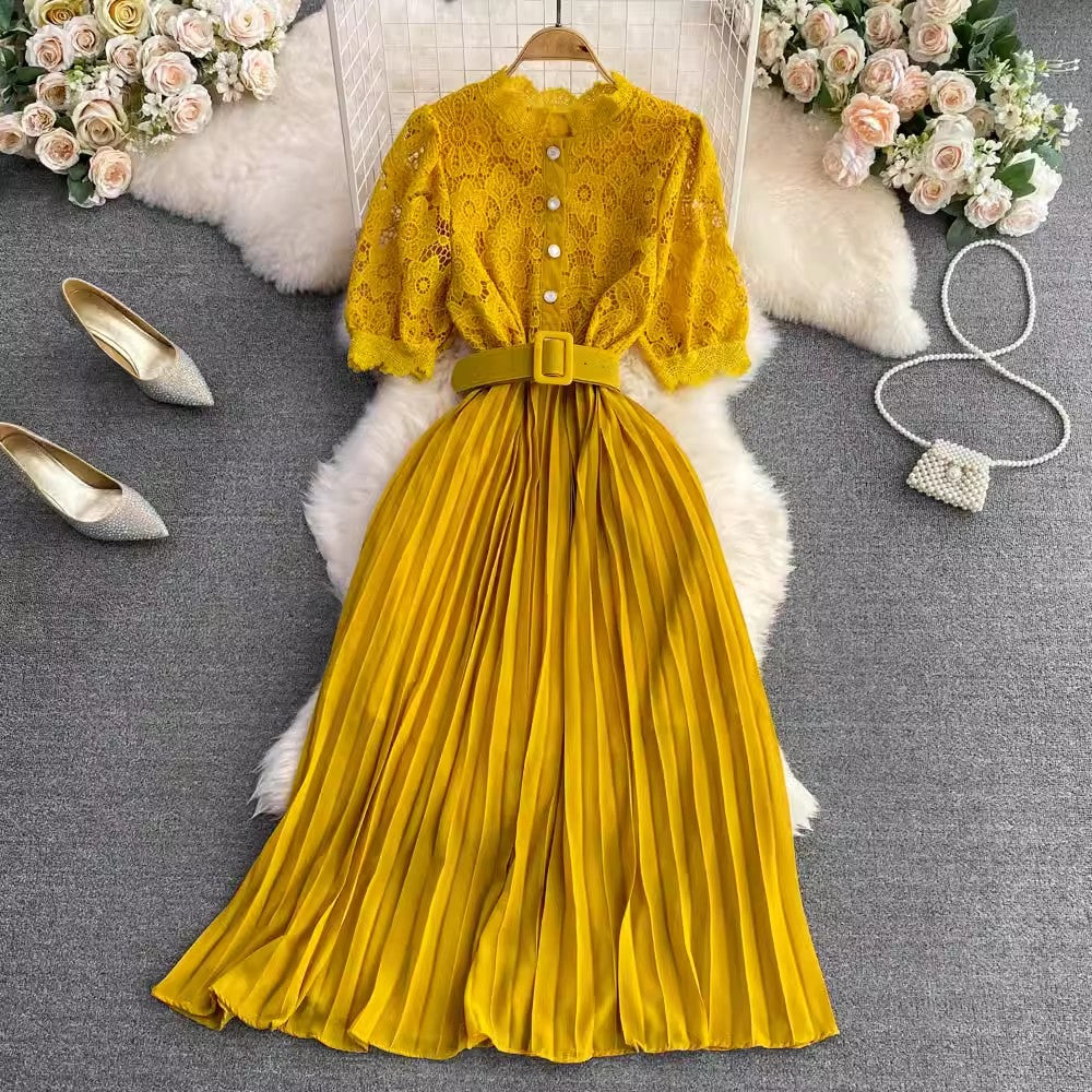 short-sleeved round-neck lace pleated dress elegant long skirt     S4312