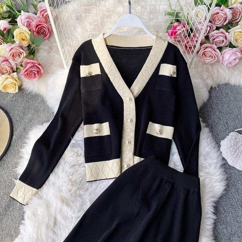 Knitted suit for women casual V-neck cardigan sweater casual leg trousers two-piece set       S4169