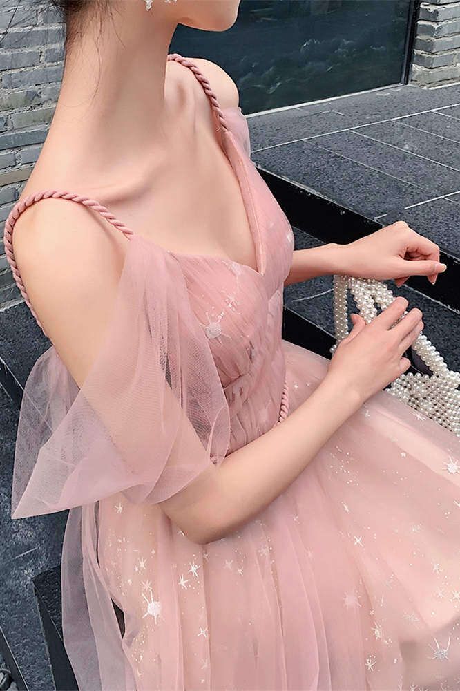 Straps A-line Blush Pink Tulle Long Party Dress        S3269