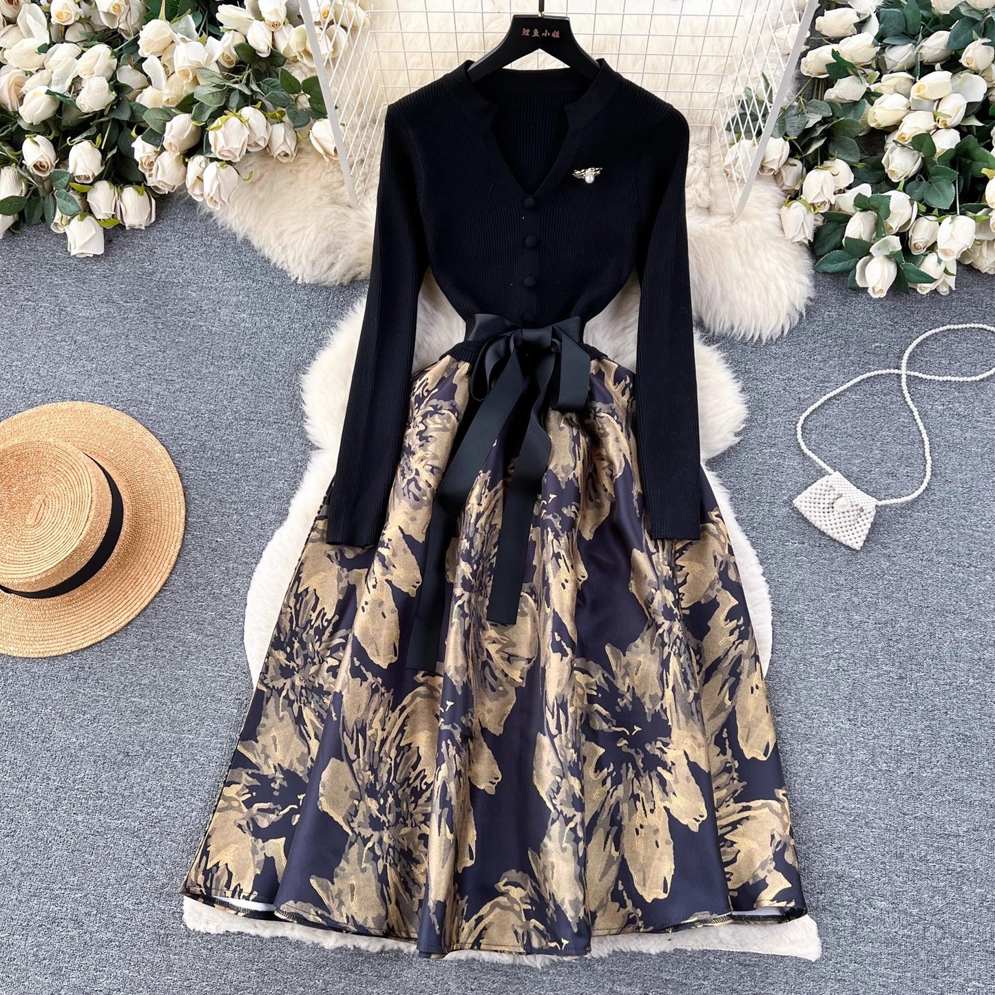 knitted splicing jacquard dress for women      S4544