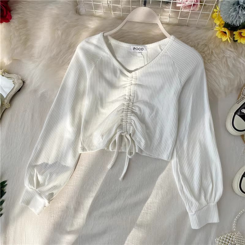 sexy short crop top design V-neck style long-sleeved T-shirt      S4129