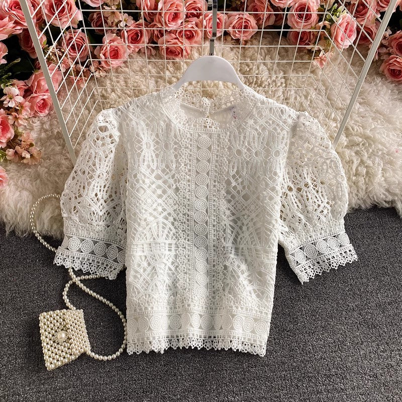 Puff-sleeved lace shirt short-sleeved solid color short top for women      S3898