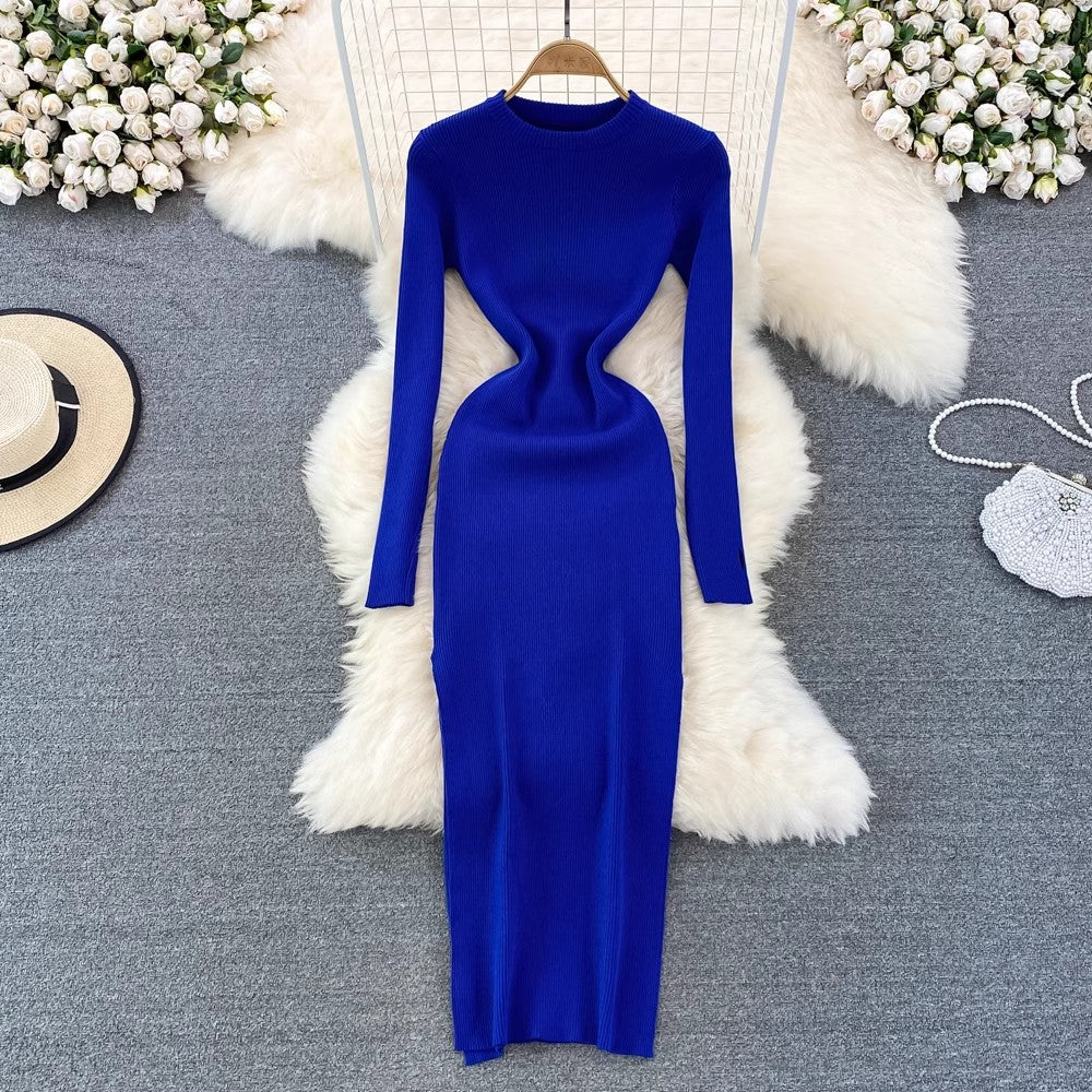 long-sleeved round neck elastic tight mid-length knitted dress      S4010