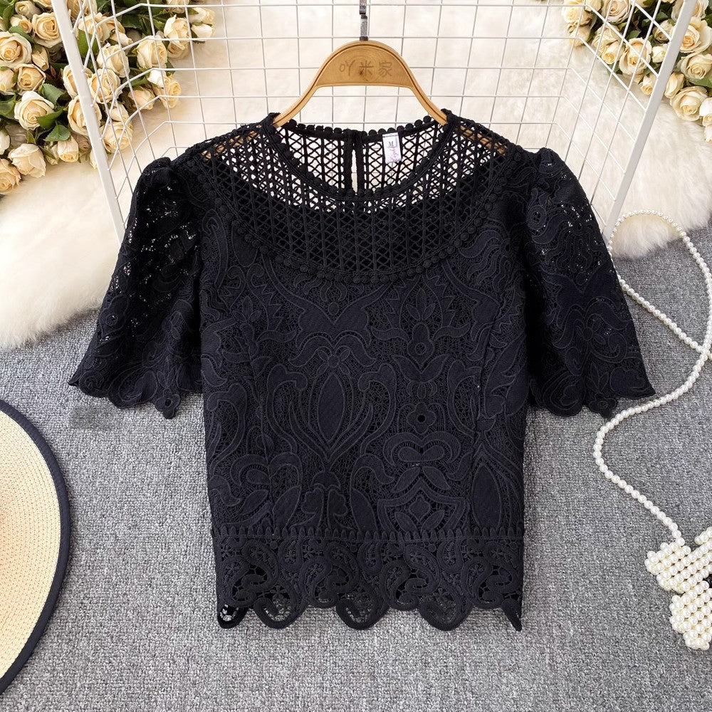 short-sleeved round neck lace shirt for women      S4043