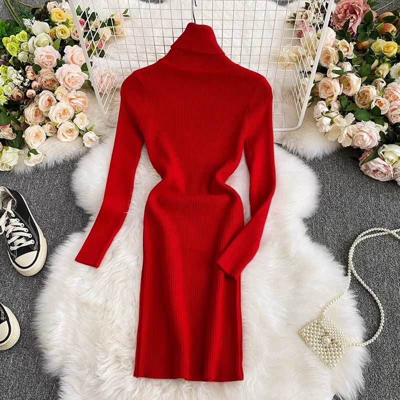 Knitted Dress Sweater Dress with Long Sleeves     S4105