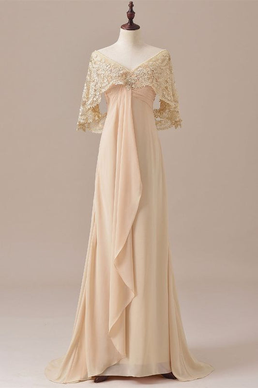 Ruffles Chiffon Long Mother of the Bride Dress with Lace Cape       S3687