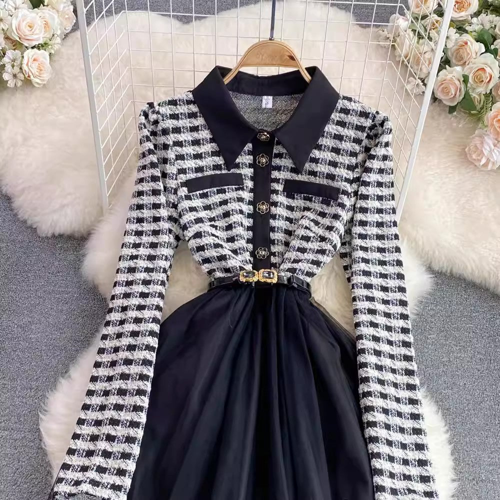 plaid knitted a-line mesh dress   S3899