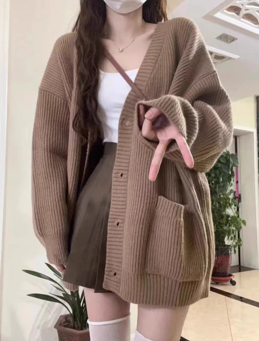 V-neck sweater cardigan women's coat spring loose knitwear top   S3393