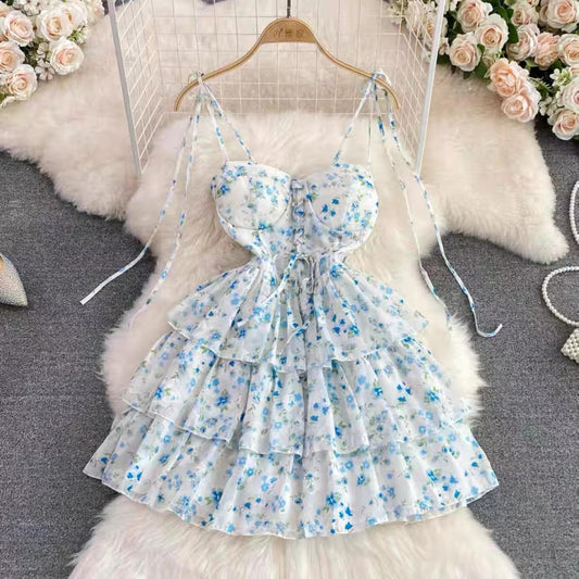 Blue Spaghetti Strap Dress, Sleeveless Backless A-line Floral Dress, Chiffon Cake Dress  S4442