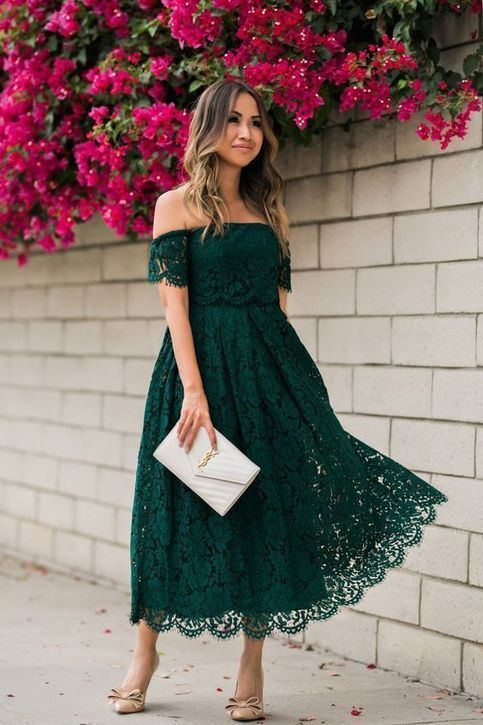 Green Lace Strapless Party Dress A Line Tea Length Prom Dress     S2699