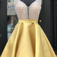 A Line V Neck Short Yellow Beaded Prom Dresses, Short Yellow Beaded Formal Homecoming Dresses      S3088
