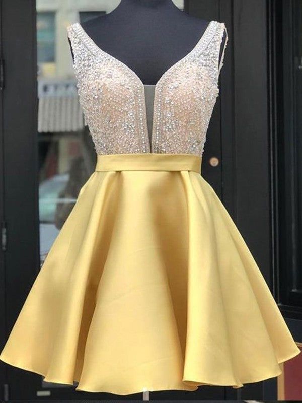 A Line V Neck Short Yellow Beaded Prom Dresses, Short Yellow Beaded Formal Homecoming Dresses      S3088