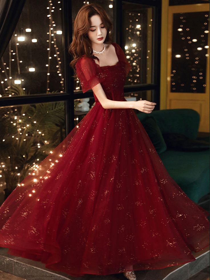 Burgundy A line tulle sequin long prom dress, burgundy tulle formal dress     S2555